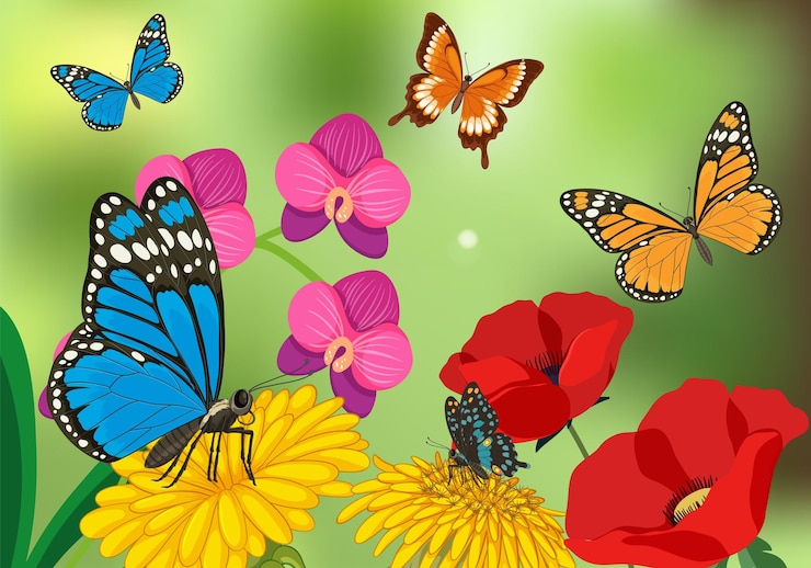 Gratis Vector kleurrijke vlinders in een levendige bloementuin