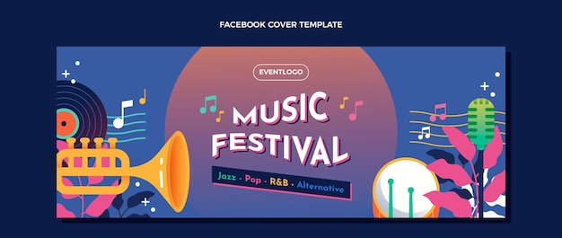 Gratis vector kleurverloop kleurrijk muziekfestival facebook-omslag