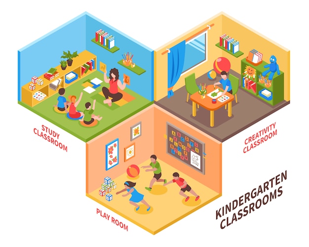 Gratis vector kleuterschool indoor isometrische illustratie