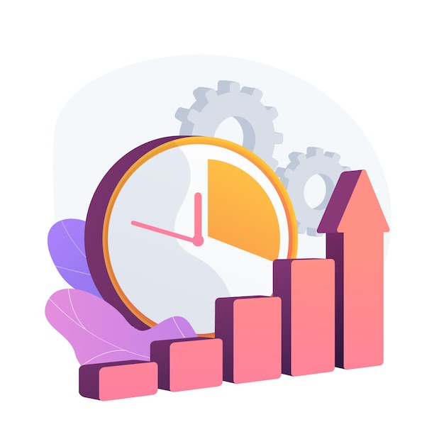 Klok en toenemende grafiek. Workflowproductiviteitsverhoging, optimalisatie van werkprestaties, efficiëntie-indicator. Stijgende effectiviteitsstatistieken. Vector geïsoleerde concept metafoor illustratie