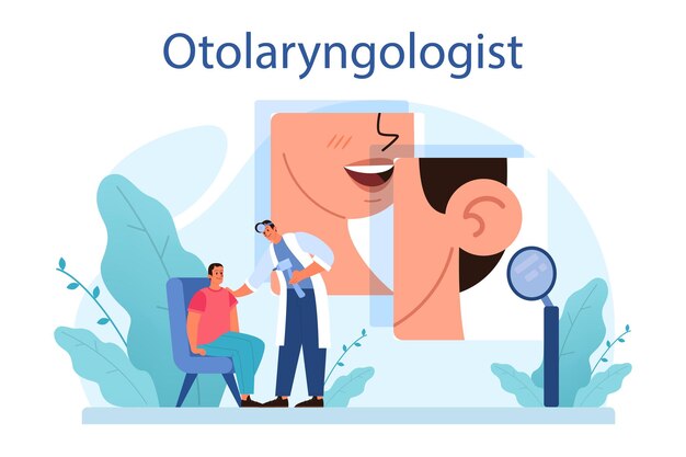 KNO-concept Gezondheidszorg concept idee van KNO-arts die om de gezondheid van de patiënt geeft Otoscopie nasofaryngoscopie audiometrie Vectorillustratie in cartoon-stijl