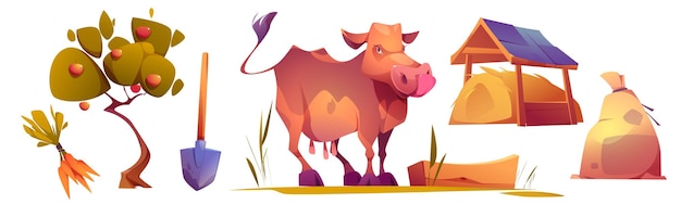 Koe op boerderij cartoon vector illustratie set