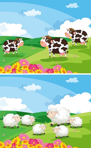 Gratis vector koeien en schapen in de velden
