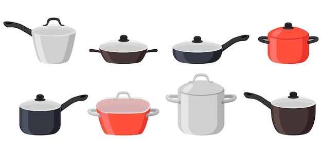 Koekenpannen en steelpannen cartoon afbeelding set. Metalen kookpotten met deksel in verschillende maten, roestvrijstalen keukengerei voor het maken van soep of kokend water. Huishouden, keukenconcept