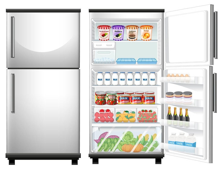Gratis Vector koelkast gesloten en geopende deur met veel eten