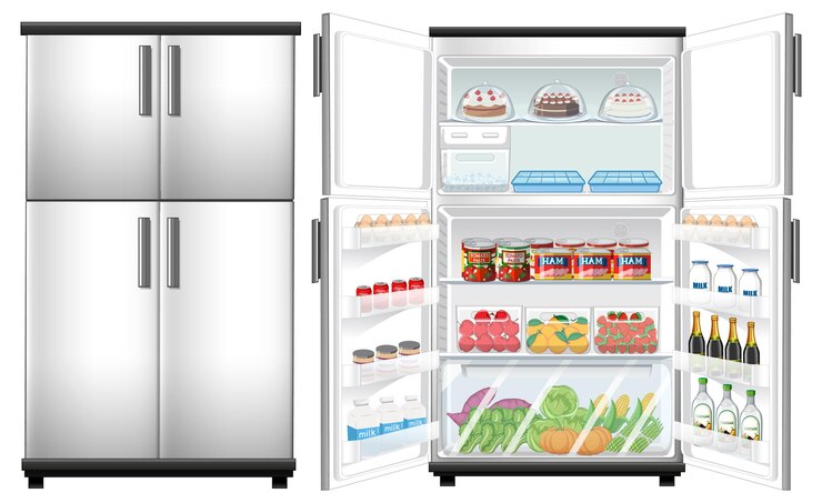 Gratis Vector koelkast gesloten en geopende deur met veel eten