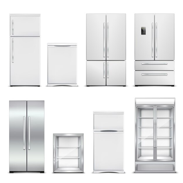 Koelkast koelkast realistische set geïsoleerde kasten met verschillende modellen en deurvormen op blanco