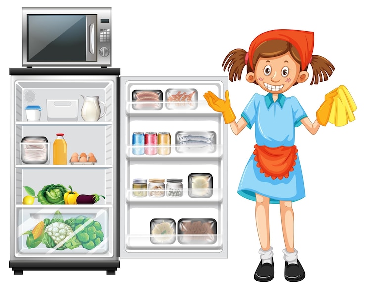 Gratis Vector koelkast met veel eten met meid