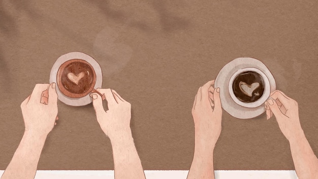 Gratis vector koffie datum valentijnsdag vector hand getekende afbeelding achtergrond