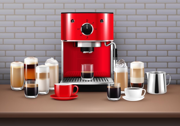 Gratis vector koffie drinkt realistische afbeelding met koffiemachine en beker