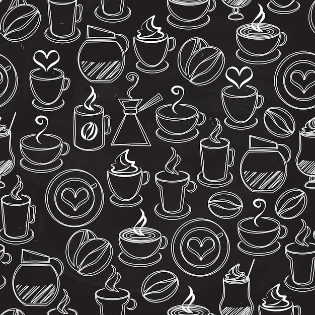 Koffie naadloze patroon achtergrond vector met witte pictogrammen op zwart van een koffiepot en percolator dampende mokken en kopjes bonen harten espresso filter cappuccino en ijskoffie in vierkant formaat