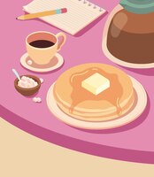 Koffie pannenkoeken en notitieblok op tafel