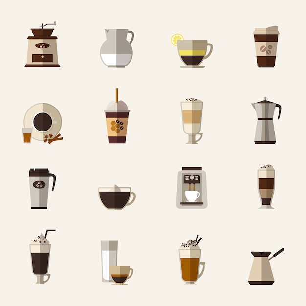 Gratis vector koffie plat pictogrammen instellen. beker en turk, molen en maker, drankje en latte, afhaalmaaltijden en mokka