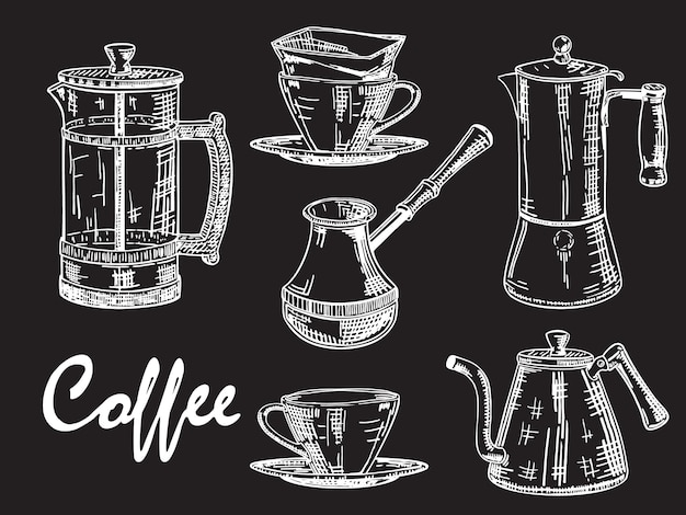Koffie set, vector hand getekende illustratie. vintage witte koffiemok, kop, pot en koffiezetapparaat op zwarte achtergrond voor restaurant of café menu, poster, banner.