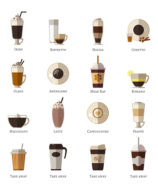 Gratis vector koffie soorten vector plat pictogrammen instellen. latte romano frappe glace afhaalmaaltijden correta mokka ierse ristretto americano cappuccino espresso.