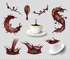 Koffie spatten realistische set van geïsoleerde vloeibare spray koffieboon en keramische kopjes op transparant
