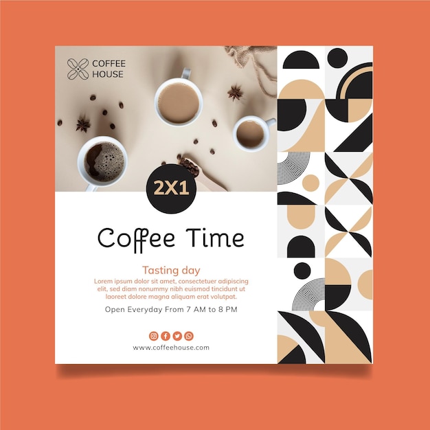 Gratis vector koffie tijd kwadraat flyer-sjabloon