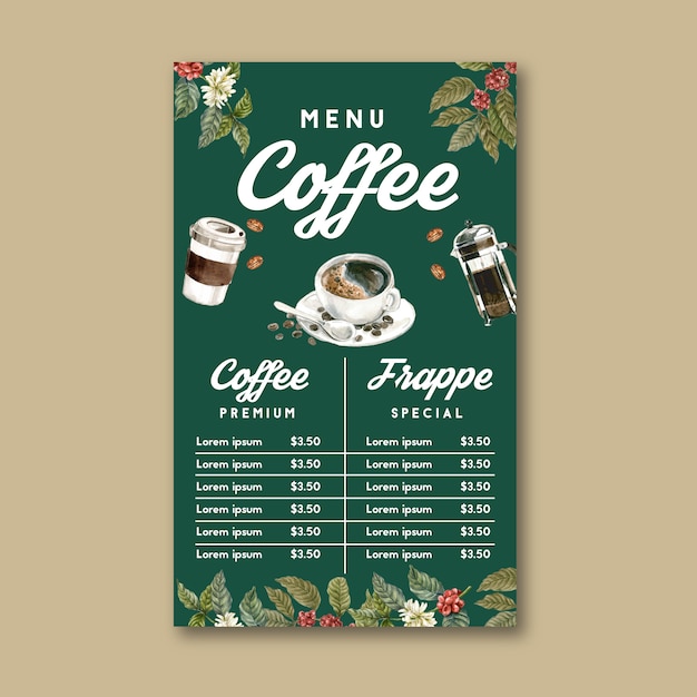 Koffiehuis menu americano, cappuccino, espresso menu, infographic, aquarel illustratie