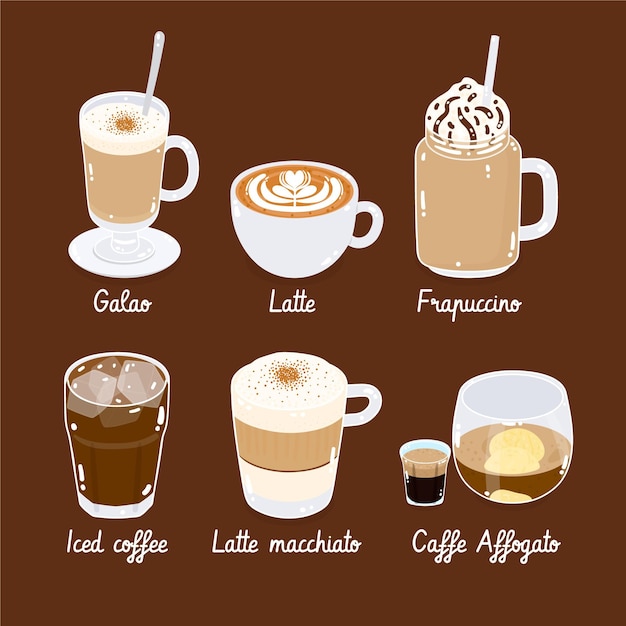 Gratis vector koffiesoorten pack