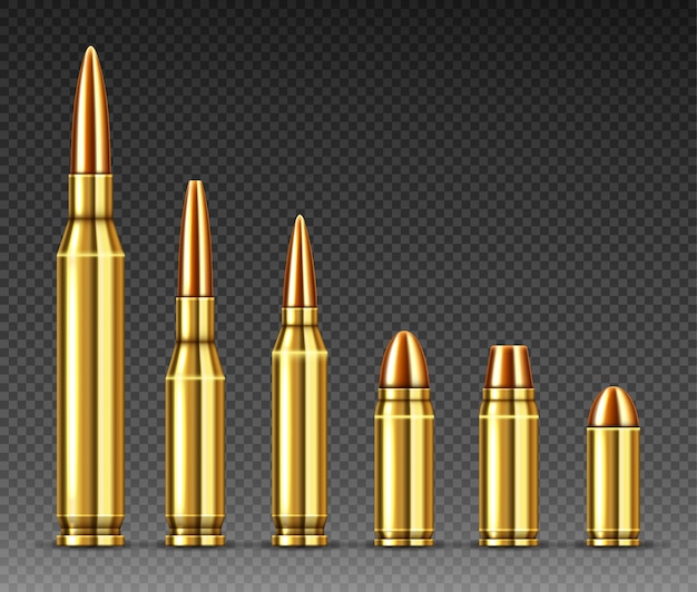 Kogels van verschillende kalibers staan in rij, munitie
