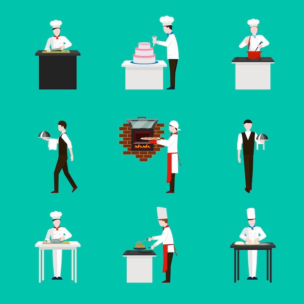 Gratis vector koken met chef-kok cijfers iconen set. diner in restaurant, cake en keuken