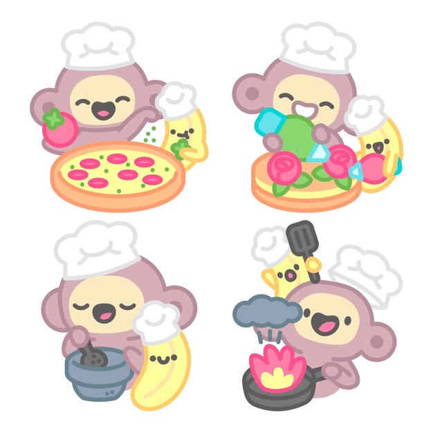 Gratis vector koken stickers collectie met aap en banaan