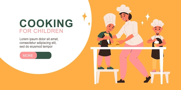 Gratis vector koken voor kinderen horizontale banner met vrouwelijke professionele chef-kok die kleine kinderen leert om taarten te versieren vectorillustratie