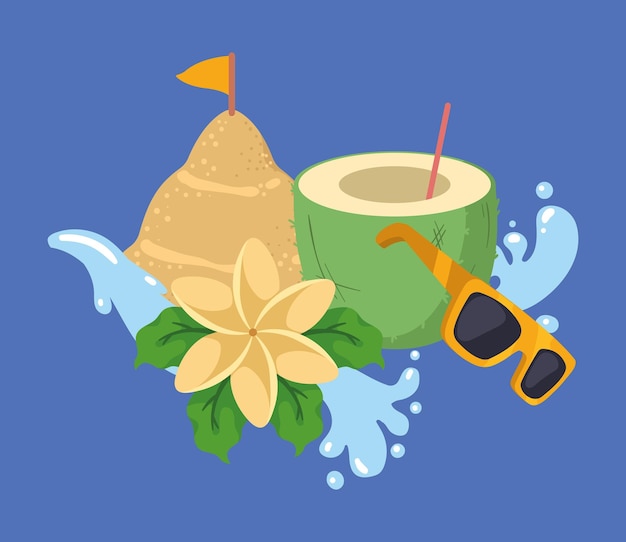 Gratis vector kokoscocktail met songkran-ontwerpen