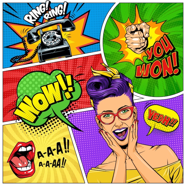 Gratis vector komische heldere strips met explosieve halftoonstralen