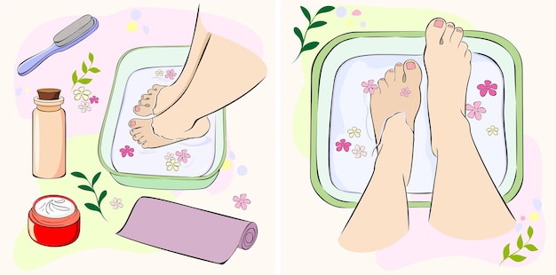 Komische illustratie. spa voetenbad en accessoires
