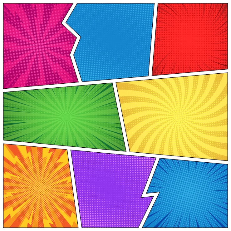 Gratis Vector komische lege paginasjabloon met verschillende humoreffecten en kleurrijke kaders