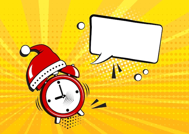 Komische wekker vector met kerstman hoed, kerst countdown, lege witte tekstballon op gele achtergrond in pop-art stijl. cartoon wintervakantie