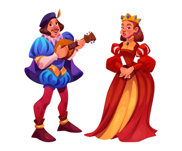 Gratis vector koningin en hofmuzikant personages set