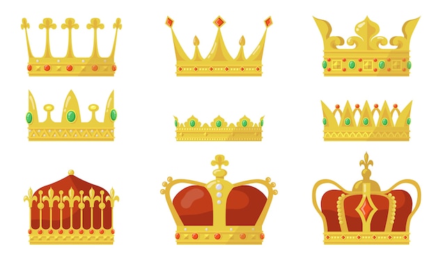 Koninklijke kroon set. Koning of koningin autoriteitssymbool, gouden juweel voor prins en prinses.