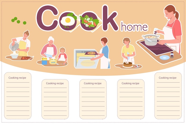 Gratis vector kook thuis platte infographic compositie met karakters van kokende familieleden en plaats voor geschreven recept vectorillustratie