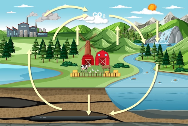 Gratis vector koolstofcyclusdiagram met natuurboerderijlandschap