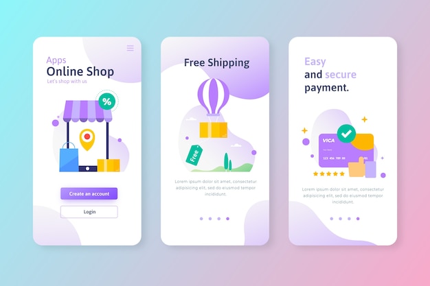 Gratis vector koop online onboarding app-schermen