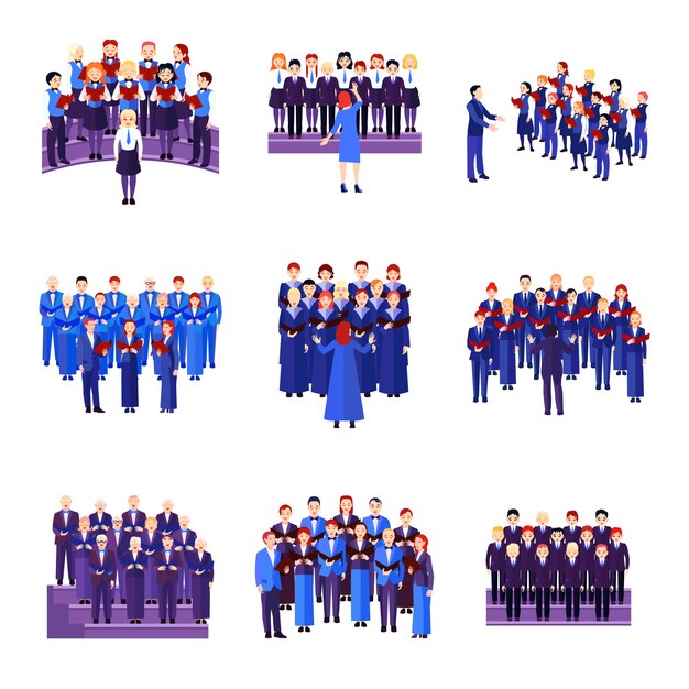 Koor plat pictogrammen verzameling van 9 muzikale ensembles zangers gekleed in blauw marinezwart