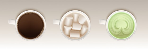 Kopjes koffie, matcha en cacao met marshmallow