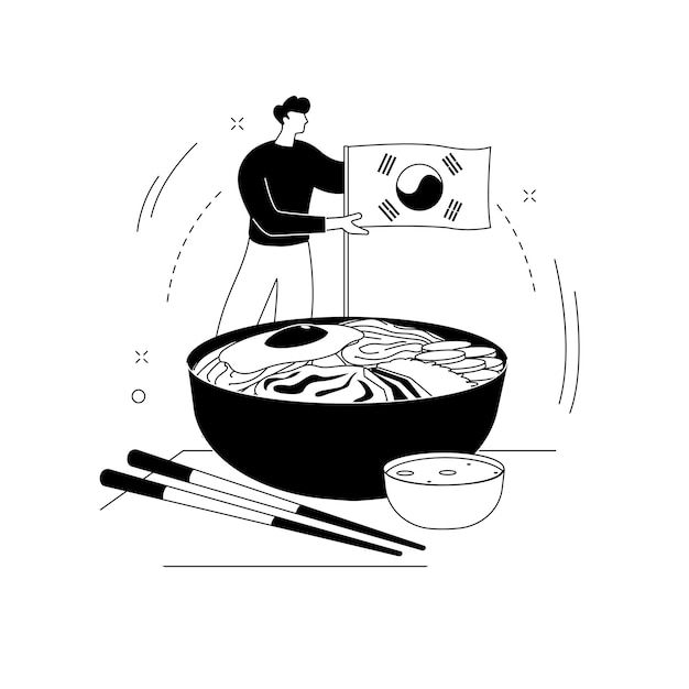 Gratis vector koreaanse keuken abstract concept vectorillustratie oosterse keuken restaurant menu koreaans eten levering gastronomische markt aziatische kruiden maaltijd afhalen traditioneel eten abstracte metafoor