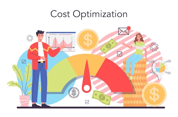 Kostenoptimalisatieconcept Idee van financiële en marketingstrategie Kosten- en inkomstenbalans Uitgaven en kostenreductie terwijl de bedrijfswaarde wordt gemaximaliseerd Geïsoleerde vlakke illustratievector