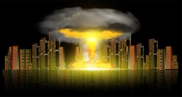 Krachtige nucleaire bomexplosie viel op realistische compositie van de stad met wolkenkrabbers op zwarte achtergrond vectorillustratie