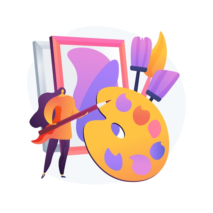 Gratis Vector kunstatelier klasse. schilderles, lesgeven in tekenen, schildersworkshop. creatief beroep en vrijetijdsidee. kunstenaar met penselen en palet.