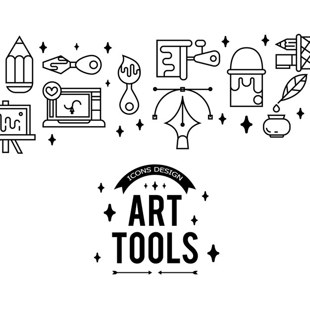 Kunstgereedschap en materialen voor het schilderen. illustratie in dunne platte, lineaire stijl.