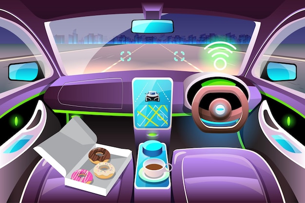 Kunstmatige Intelligentie Driverless Safety System met HUD Interface in Cockpit van autonome auto Voertuiginterieur Driverless Car Driver Assistance System ACC Adaptive Cruise Control