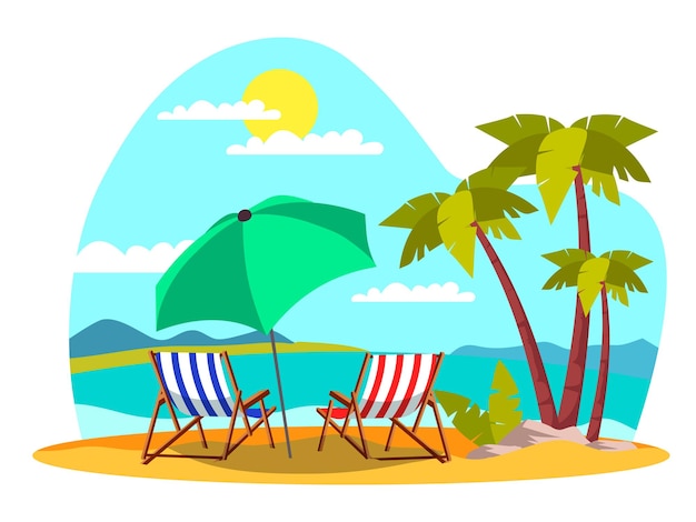 Gratis vector kustvakantie leeg strand met parasolligstoelen op heet zand reizend in exotisch eilandland tropisch paradijs met turquoise oceaangolven en palmbomen