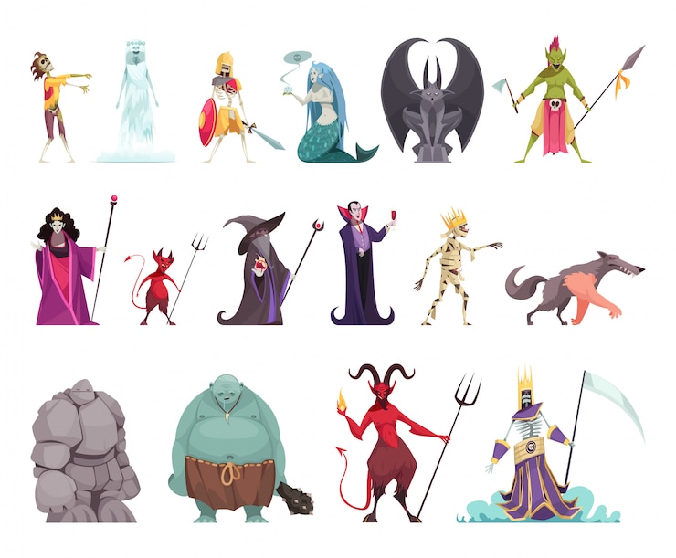 Gratis Vector kwaad fee staarten tekens instellen met boze heks stiefmoeder koningin vampier steen man draak grappige kleurrijke