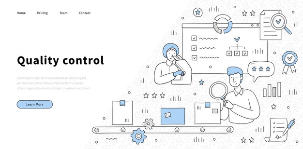 Kwaliteitscontrole doodle bestemmingspagina Inspecteurs testen productie op transportband en met microscoop Product productie veiligheidsinspectie garantiecertificaat Lijn kunst vector webbanner