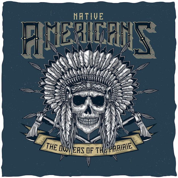 Gratis vector label met american indian chief skull with tomahawk.