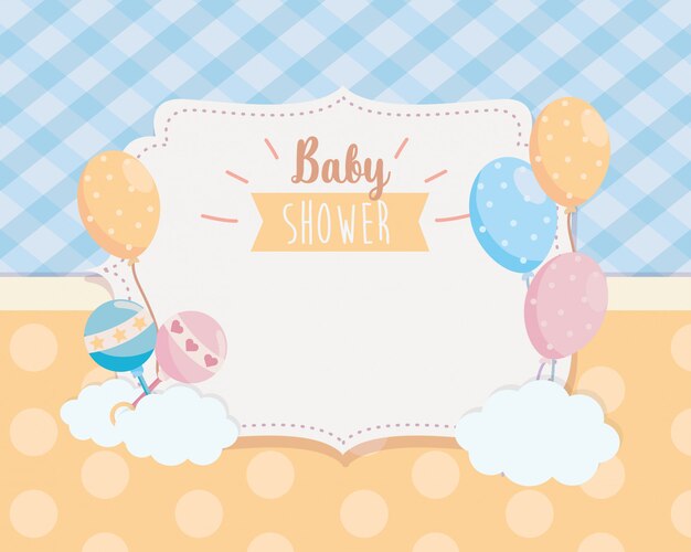 Label van ballonnen met rammelaars en wolken decoratie